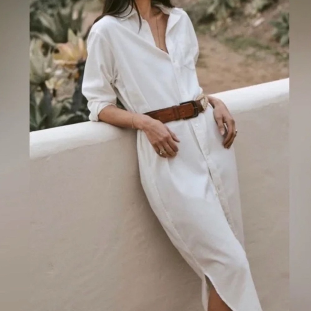 Buck Mason Women’s Draped Twill Midi Length Shirt Dress White Small